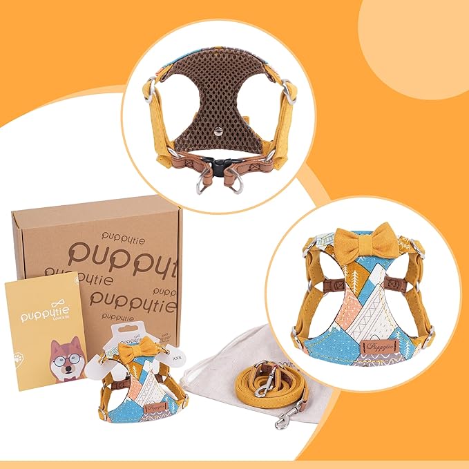 Puppytie No Pull xs Dog Harness with Multifunction Dog Leash,Soft Adjustable No Choke Escape Proof Pet Harness Vest,Suede Bow Yellow,XS