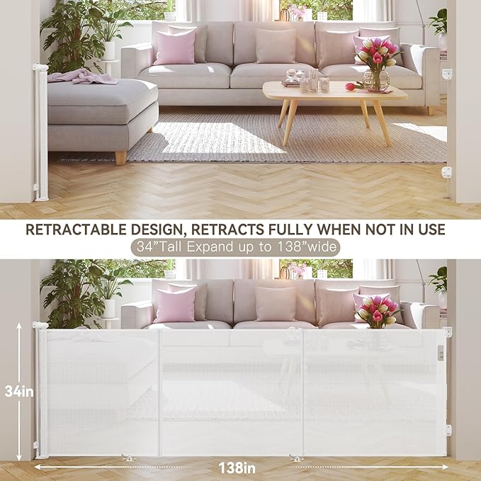 138 Inch Reinforced Retractable Baby Gates Extra Wide, Uamector Mesh Baby Gate or Dog Gate,Toddler Pet Retractable Gate Adjustable Length for Large Openings Stairs Doorways Hallway Indoor Outdoor