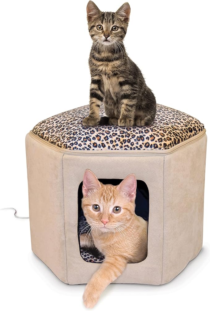K&H Pet Products Thermo-Kitty Sleephouse Cat Cave - Energy Efficient Safety Listed Heated Cat Bed for Indoor Cats Tan/Leopard 17 X 15 X 13 Inches