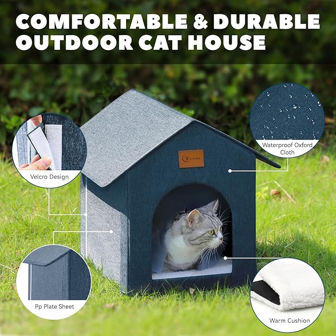 Outdoor Cat House Feral Cat Shelter,Outside Waterproof Cat House for Outdoor/Indoor Cats, Insulated Cat Bed for All Seasons with Cozy Cushion Easy to Assemble (Navy Blue, Floor Spike Style)