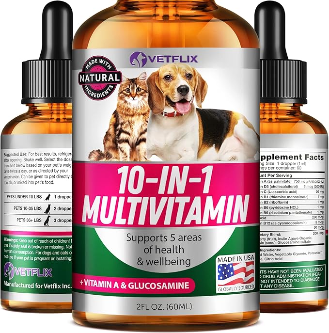 10-in-1 Pet Vitamins for Dogs & Cats - Made in USA - Glucosamine & Multivitamin Supplement - Joint, Immune & Skin Health Support - All Ages & Breeds - 2 Fl Oz