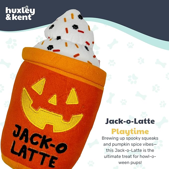 Huxley & Kent Halloween Funny Dog Toy w/Squeaker – Power Plush Squeaky Dog Toys for Small, Medium & Large Dogs – Soft Stuffed Animal for Indoor Play & Fetch - Jack-O-Latte, One Size