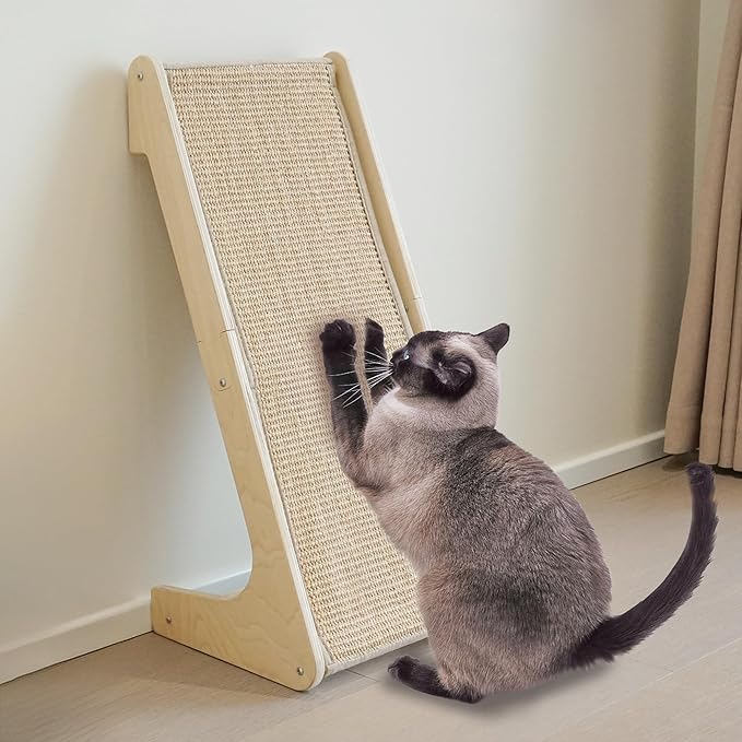 Meeyoview Sisal Cat Scratcher Ramp, 27'' L Shape Scratching Post, Vertical Cat Scratcher for Indoor Cats, Solid Wooden Scratch Pad, Furniture Protector with Catnip