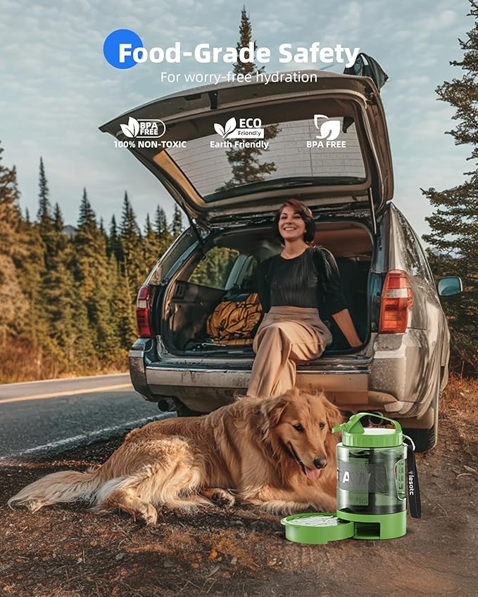 lesotc Dog Travel Water Bottle Portable with Pull-Out Drinking Bowl, 77oz Large Travel Water Bowl Dispenser for Dogs Camping Essentials Hiking Beach Road Trip Park Walking On The Go Must Haves, Green