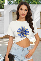 Womens Summer Crop Tops Short Sleeve Round Neck T-Shirts Loose Fit Casual Blouse