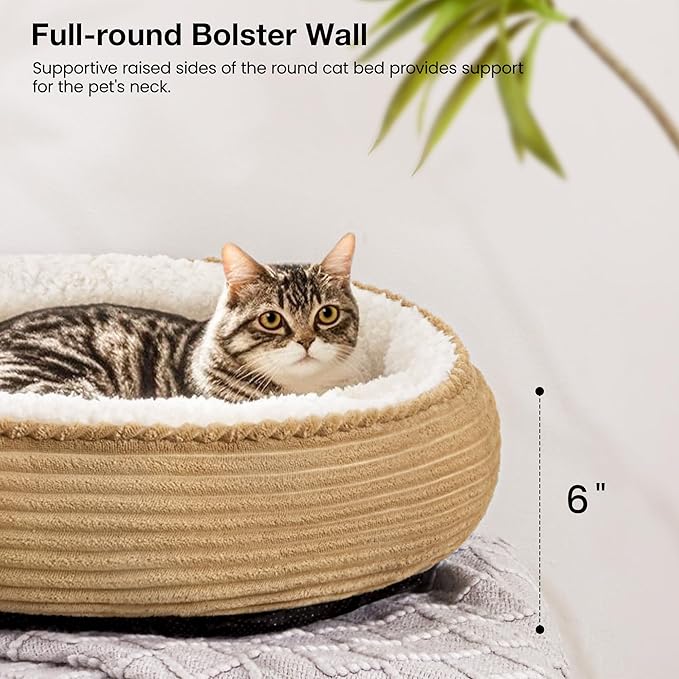 Love's cabin Round Donut Cat and Dog Cushion Bed, 20in Pet Bed for Cats or Small Dogs, Anti-Slip & Water-Resistant Bottom, Super Soft Durable Fabric Pet beds, Washable Luxury Cat Dog Bed Stripe Camel