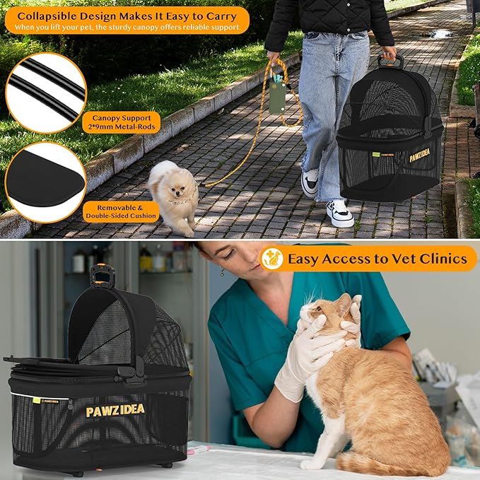PAWZIDEA Dog Stroller 4 in 1, Pet Stroller for Cats with Detachable Carrier for Small/Medium Dogs/Cats, Seatbelt Car Seat Combo, Cozy House, Foldable & Lightweight Jogger Strollers, Storage Basket