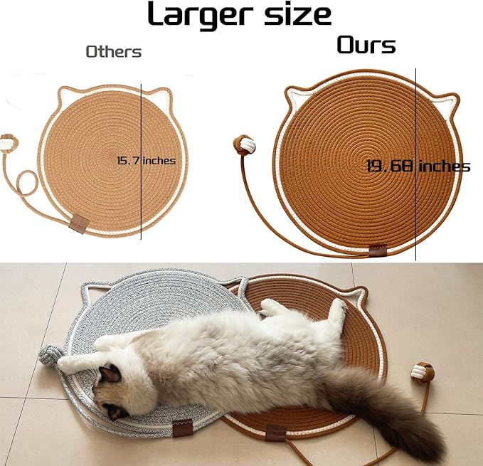 Cat Scratching Mat Natural Cotton Rope Cat Scratching Pad, Large Size Scratcher Mat with Toy (2 Packs 19.6'') (Grey + Brown)