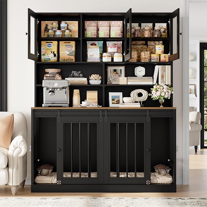 TTVIEW 71"H x 55"L Large Dog Crate Furniture with Hutch Shelf and Glass Door, Indoor Dog Kennel with Divider and Feeding Bowls for Large Dogs 2 Pets, Heavy Duty Dog Cage Pet House with 4 Doors, Black