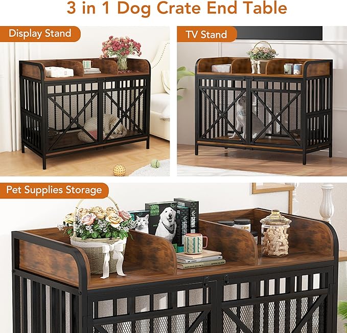 48" Large Dog Crate Furniture – XL Wooden Kennel with 360° Swivel Base & Chew-Proof Mesh, Convertible End Table Design – Extra Large Dog Crate for Medium & Large Dogs (Brown)