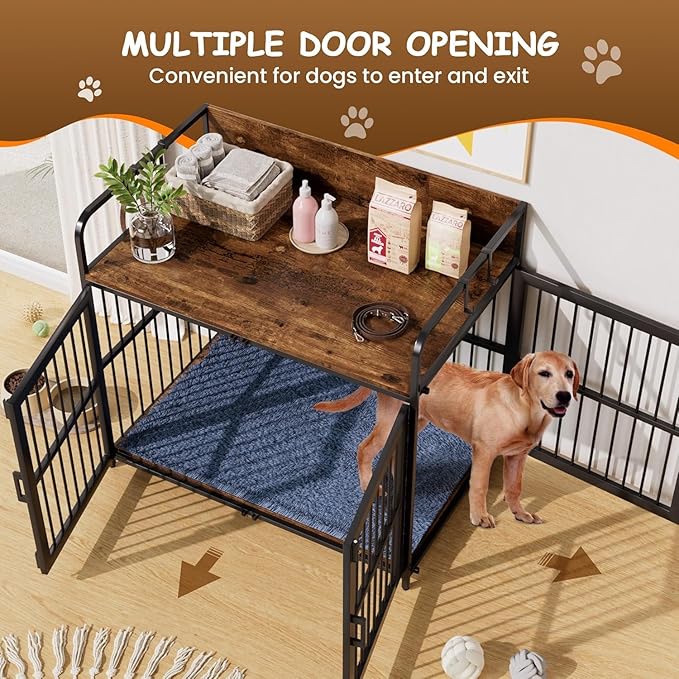 Dog Crate Furniture, 48" Heavy Duty Wooden Dog Crate End Table, XL Dog Kennel Furniture Large Breed, Decorative Dog Kennel Indoor, Double-Door Dog House