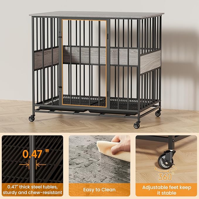 Dog Crate Furniture for Medium Dogs, 38 Inch Indoor Medium Kennel, Wooden Pet Cage Decorative Corner End Table with Caster Wheels & Double Removable Tray, Greige