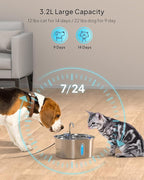 Cat Water Fountain - 3.2L/108oz Stainless Steel Pet Water Drinking Fountain for Cats Indoor, Dog Water Fountain with Water Level Window
