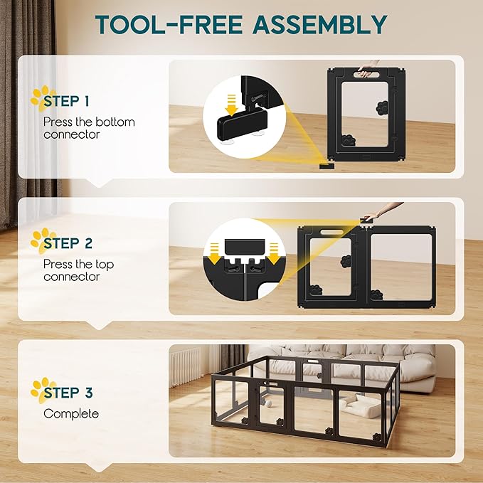 Albott Acrylic Clear Dog Playpen Indoor, Modular Puppy Cat Small Pet Play Pen with 2 Doors, Transparent Fence for Little Dogs, Cats, Rabbits, Easy Assemble and Disassemble, Black (24" H, 14 pcs)