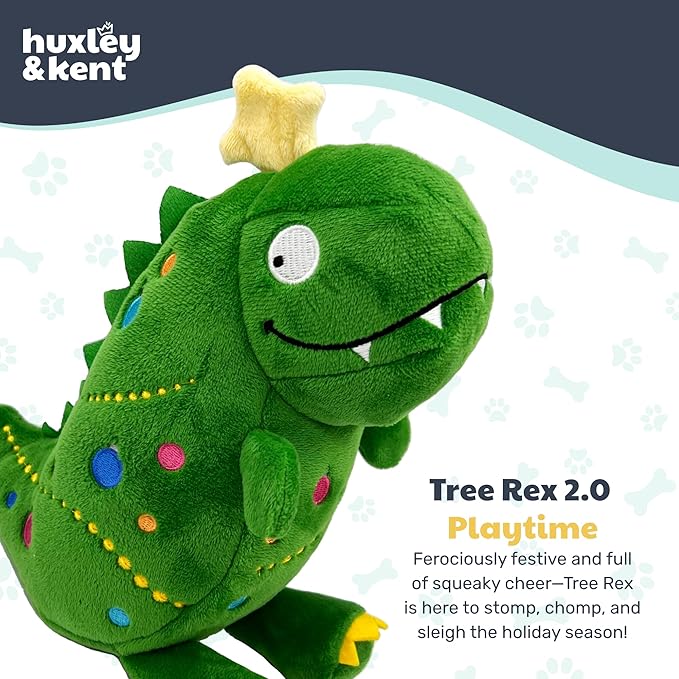 Huxley & Kent Funny Dog Toy w/Squeaker – Holiday Power Plush Squeaky Dog Toys for Small, Medium & Large Dogs – Soft Stuffed Animal for Indoor Play & Fetch - Tree Rex 2.0, Large
