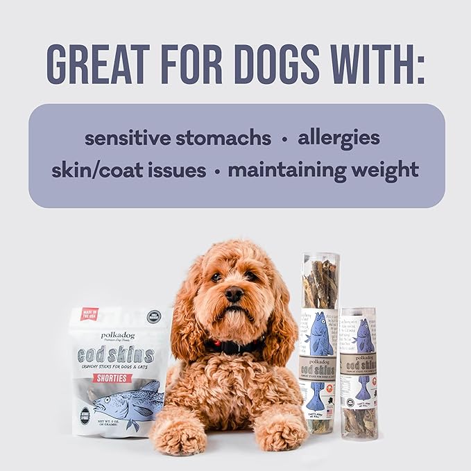Polkadog Cod Skins for Dogs (12oz Shortie) - Single Ingredient, Wild-Caught Fish Skin Dog Treats for All Breeds – High in Lean Protein & Omega-3. Hypoallergenic, Grain Free. Handcrafted & Made in USA