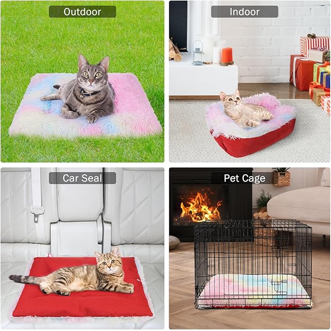 SCENEREAL Self Warming Cat Bed, Heated Cat Bed Mat for Cats Small Dogs, 2 in 1 Soft Plush, Washable Pet Pad for Indoor Outdoor Kitten Puppy, Colorful 28" x 24"