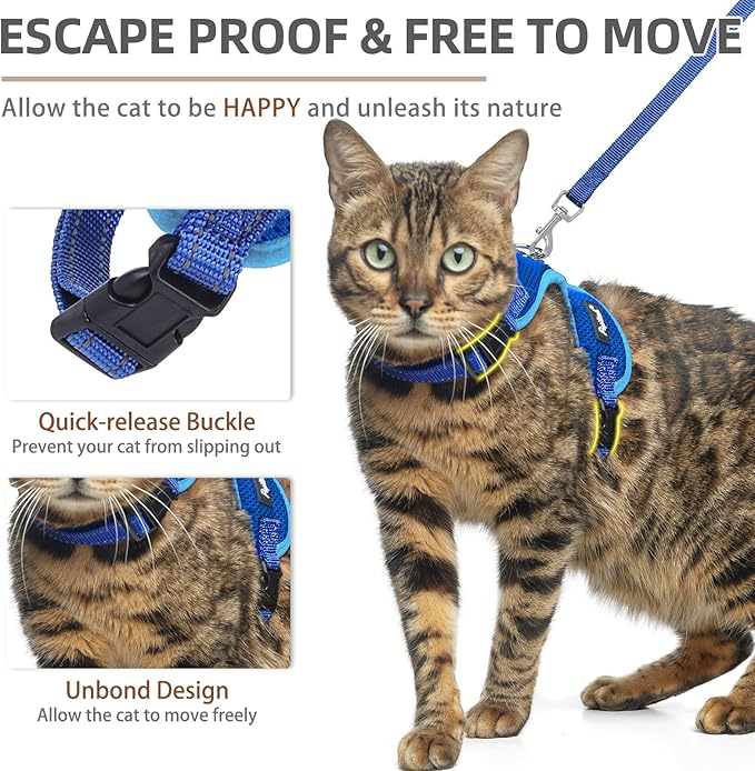 PUPTECK Cat Harness and Leash Set Escape Proof, Reflective Adjustable Soft Mesh Kitten Vest Harness for Walking Travel, Navy Blue, M