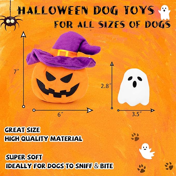 Halloween Dog Toys - Pumpkin & Ghosts Squeaky Plush, Hide & Seek for Small to Large Dogs