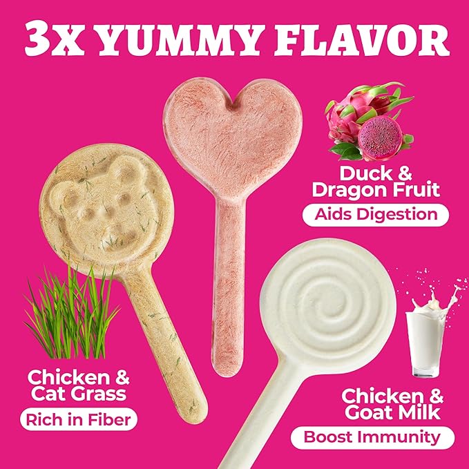 Wellix Freeze Dried Dog&Cat Treats - High Protein Chicken Recipe Lollipop Cat Treats - Three Flavors (Cat Grass, Dragon Fruit, Goat Milk) - Low Calorie Training Treats 21pcs