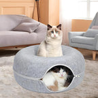 24inch-Tunnel Bed for Indoor,cattasaurus Peekaboo cat cave for Multiple,Detachable Felt Felt Washable Interior for Indoor Cats,Donut Tunnel (Light Gray)