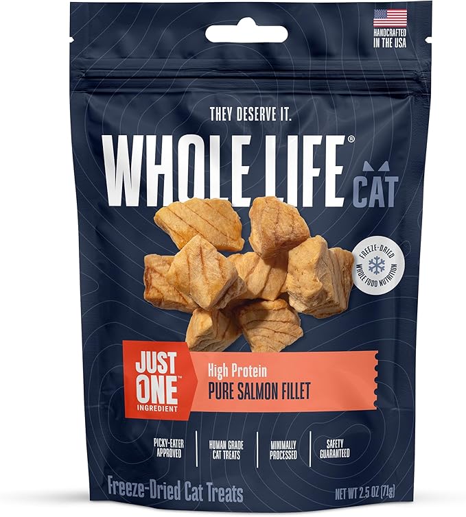Whole Life Cat Just One Salmon Freeze Dried Cat Treats - Human Grade High Protein Food, Healthy Training Snacks, Freeze Dried Salmon Food Toppers, USA Made Natural Treats - 2.5 oz (Pack of 1)