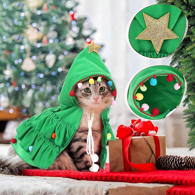 2 Pcs Pet Christmas Costume, Dogs Cats Cape with Hat Santa Claus Cloak and Xmas Tree Cloak with Star and Pompoms, for Dogs Cats Pet Puppy Santa Gifts Christmas Outfit(Small)
