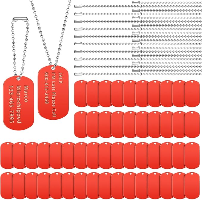 Yinkin 200 Pcs Personalized Military Dog Tags Set Including 100 Pcs Aluminum Blank Dog Tags for Engraving 100 Ball Steel Chain Rectangle Metal Blank Stamping Label for DIY Craft(Red)