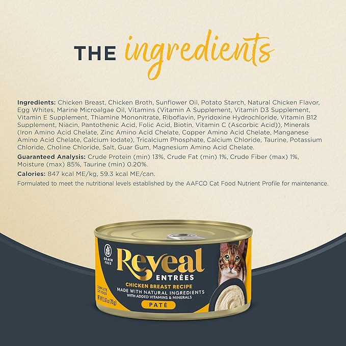Reveal Entrées Natural Wet Cat Food Paté, Grain-Free with Added Vitamins & Minerals, Carrageenan-Free Protein, Chicken Breast Paté Recipe (24 x 2.47 oz Cans)