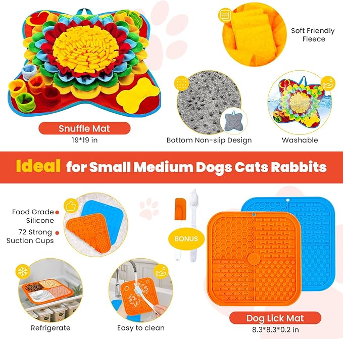 Petcare Dog Snuffle Mat and Lick Mat Set, Interactive Enrichment Dog Puzzle Toy for Puppy Small Medium Dogs Cats Rabbits, Cognitive Sniff Foraging Mats Mental Stimulation Treat Game Slow Feeder Mats