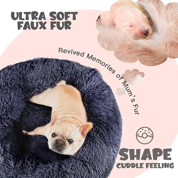 Himax Medium Dog Bed, Round Dog Bed with Blanket Attached, Comfort Fluffy Calming Dogs Beds Washable (20"/26"/35") Deep Grey