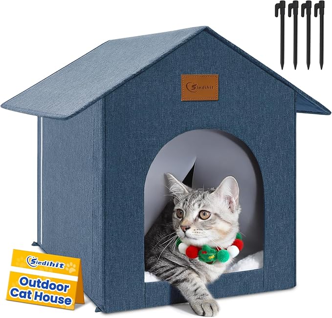 Outdoor Cat House Feral Cat Shelter,Outside Waterproof Cat House for Outdoor/Indoor Cats, Insulated Cat Bed for All Seasons with Cozy Cushion Easy to Assemble (Navy Blue, Floor Spike Style)