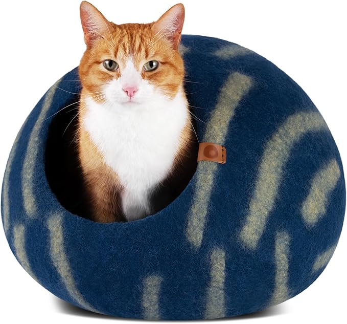 MEOWFIA Cat Cave – Premium Felt Cat Bed for Indoor Cats, Handmade 100% Merino Wool (Vivid Shades) (Large, Deep Azure)