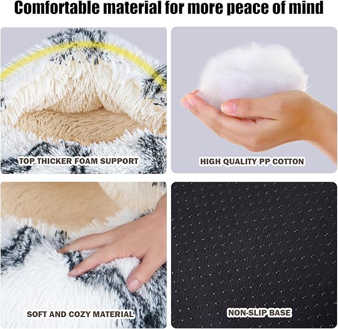 Calming Dog Beds & Cat Cave Bed with Hooded Cover,Washable Round Beds for Small Medium Pets,Anti-Slip Faux Fur Fluffy Coved Bed,Comfortable Warming Pet Bed (20 * 20inch,Black and White)