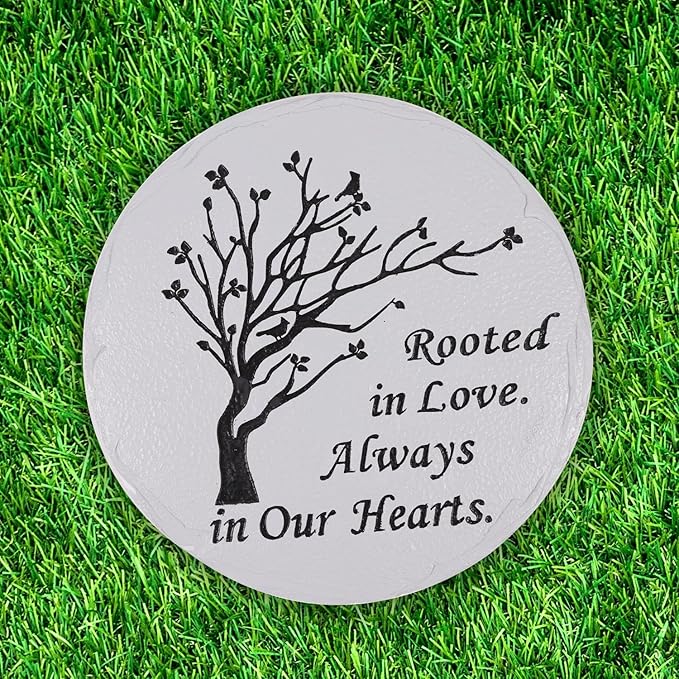 10 Inch Polyresin Memorial Garden Stone, Rooted in Love Stepping Stones Oudoor, Memorial Gifts for Loss of Loved One, Décor for Homes, Lawn and Garden (Grey Round Tree)