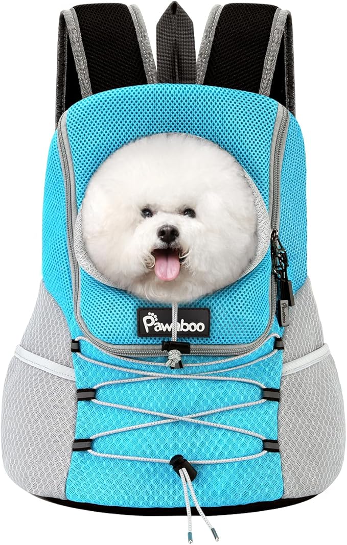 Pawaboo Pet Dog Carrier Backpack, Puppy Dog Travel Front Carrier for Small Medium Dogs Cats, Adjustable Breathable Dog Carrying Backpack with Safety Strips for Hiking, Walking (Blue L Up to 14 lbs)
