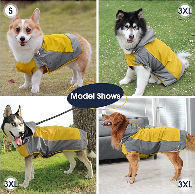 IECOii Large Dog Raincoat Waterproof,Hooded Rain Jacket Keep Dog Dry in Wet Weather,Reflective Rain Poncho Clothes with Convenient Leash Hole/Adjustable Magic Sticker/Easy On and Off/,Yellow,Large
