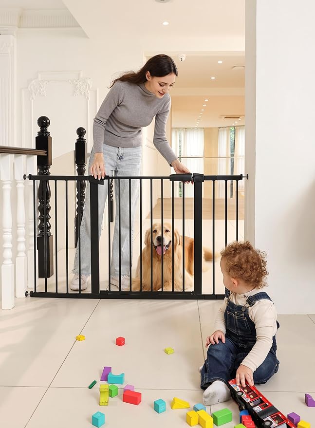 29"-57" Baby and Pet Safety Gate, 30" Tall Metal Walk-Thru Gate for Doorways & Stairs, Easy One-Hand Open, Dual Lock, Extensions & Wall Mounts Included (Black, 29"-54" W x 30.5“H)