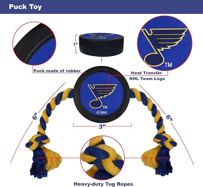 First Dog Rubber & Rope Tug Toy. St. Louis Blues NHL Puck Toy for Dogs & Cats. Play Hockey with Your Pet!