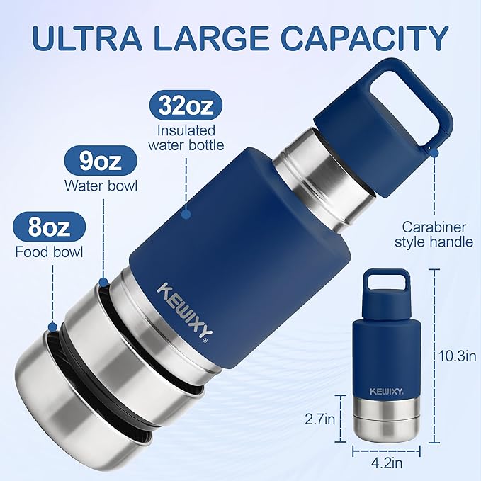 Insulated Dog Travel Water Bottle with Detachable Bowls, 3 in 1 Portable Dog Water Bottle Dispenser, Dog Accessories for Walking, Hiking, Camping, Outdoor (Navy Blue, 32 Oz)