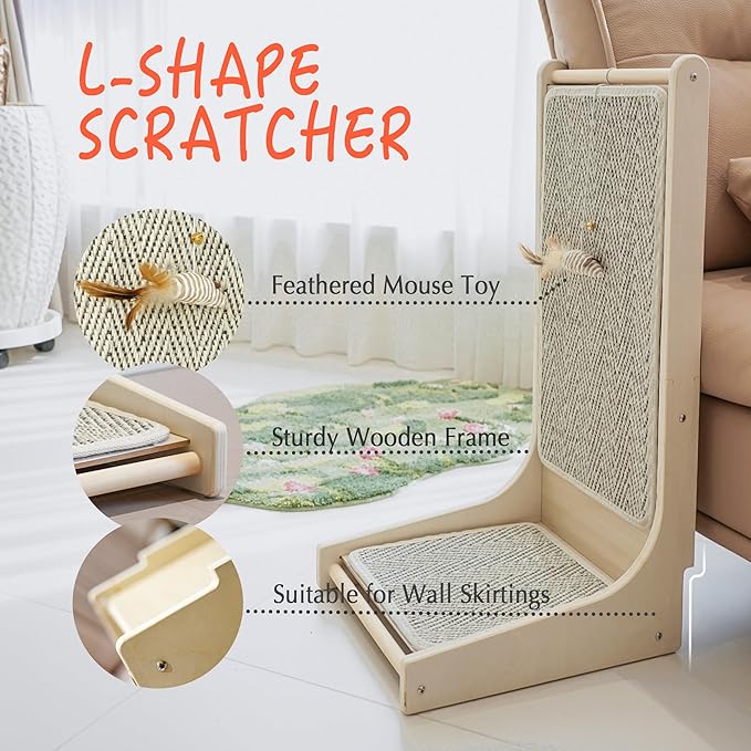 PETKARAY Cat Scratcher, Sisal Cat Scratch Pad, L Shape Scratching Board for Indoor Kitty, Floor Mounted Scratcher with Mouse Toy Catnip