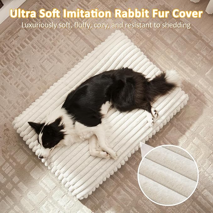 Dog Beds Large Sized Dog, Flat Pet Beds with Removable Washable Cover, Pet Mat Cute Pet Crate Bed Thick Shredded Chopped Crate Foam & Anti Slip Bottom for Indoor, 35"x23"x4" Cream