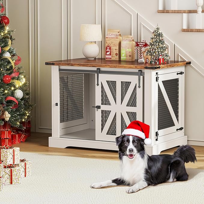 VOPEAK 40" Farmhouse Dog Crate Furniture, Heavy Duty Dog Crate for Medium Large Dogs, Dog Cage Dog Kennel Indoor with Double Doors, Chew Resistant End Table for Bedroom Living Room, White