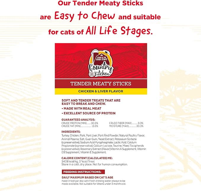 Country Kitchen Chicken & Liver Tender Meaty Sticks Cat Treats, High in Protein, Easy to Break and Chew, 0.88 Oz, 5 Count