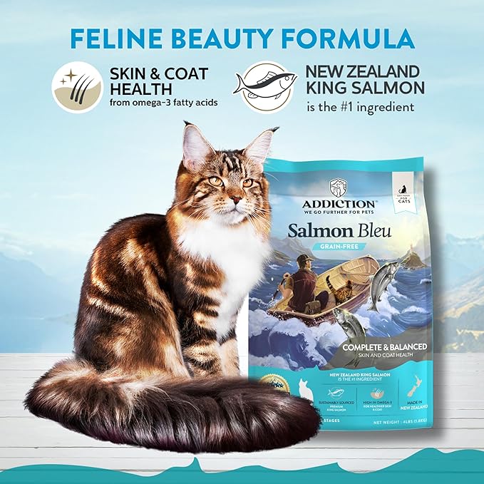 Addiction Salmon Bleu Grain-Free Dry Cat Food – Rich in Omega-3 for Healthy Skin & Coat – Complete & Balanced Salmon Recipe for All Life Stages – Made in New Zealand 4lb