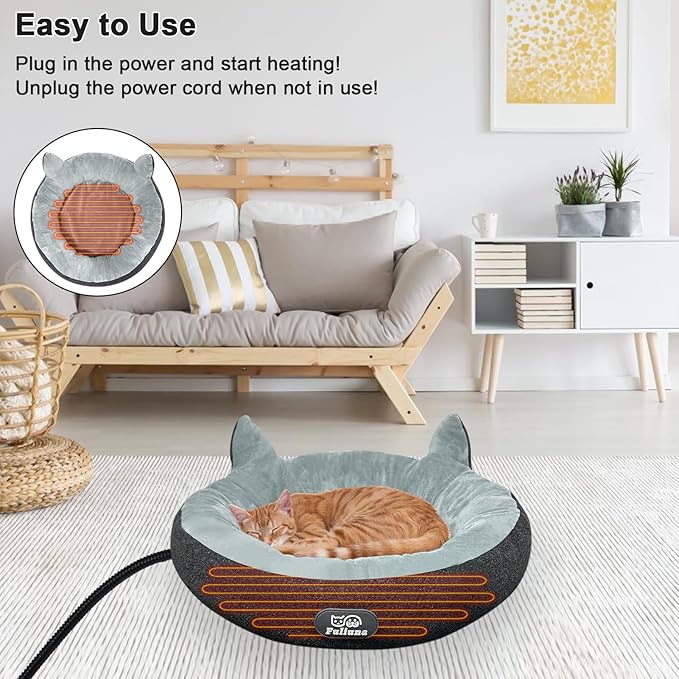 Heated Cat Bed for Indoor Cats, 19" Round Heated Pet Bed with Chew Resistant Cord. Soft & Cozy Electric Pet Heating Pad, Indoor Kitty Heating Bed Cat Heating Pad for Small and Medium Cats.