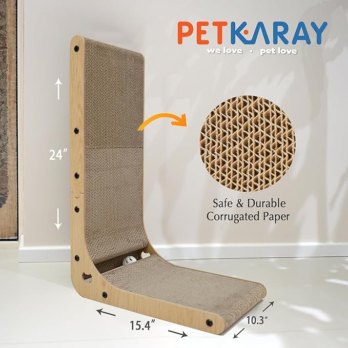 PETKARAY Cat Scratcher, Cat Scratching Board, L Shape Cat Scratch Pad for Indoor Cats, Floor Mounted Scratching Cardboard with Ball Toy