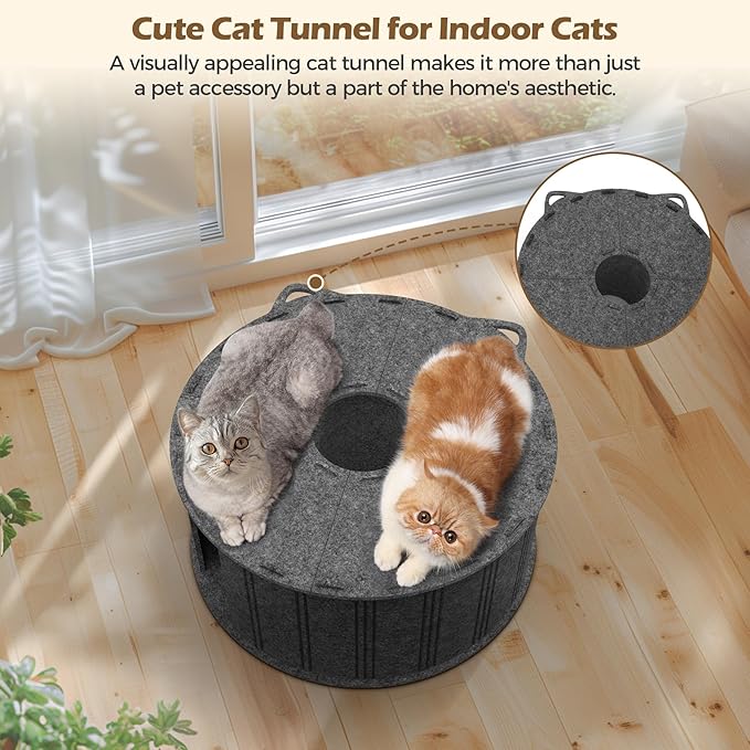 ComSaf Cat Donut Tunnel Bed - Peekaboo Cat Cave Bed for Indoor Cats, Large Pet House Round Cat Play Tunnel for Multiple Cats Up to 30 Lbs, 2 in 1 Detachable Felt Cat Hideaway Nap Rest Bed, Dark Grey
