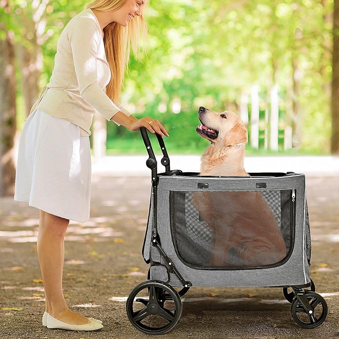 KIKII Extra Large Dog Stroller for Large & Medium Dogs, Adjustable Handlebar and Brakes, 4 Wheels, Reflective, Lightweight Folding, Breathable Mesh, 132 lbs Capacity, for Travel Walking Outdoor