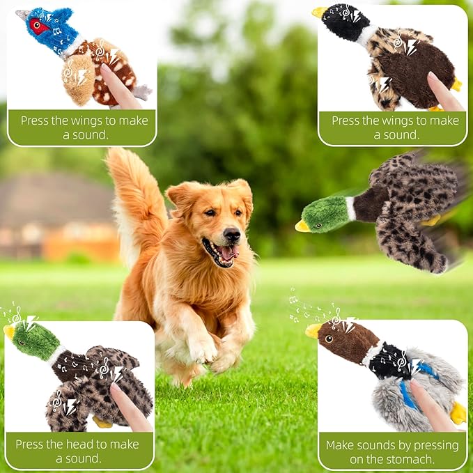 Extra-Plush Duck Dog Toy with 2 Squeakers & Crinkle – No Stuffing Gentle Chewer Squeaker for Calming Play, Hypoallergenic Soft Toy for Puppies to Senior Dogs (Long Pile, Brown & Grey)